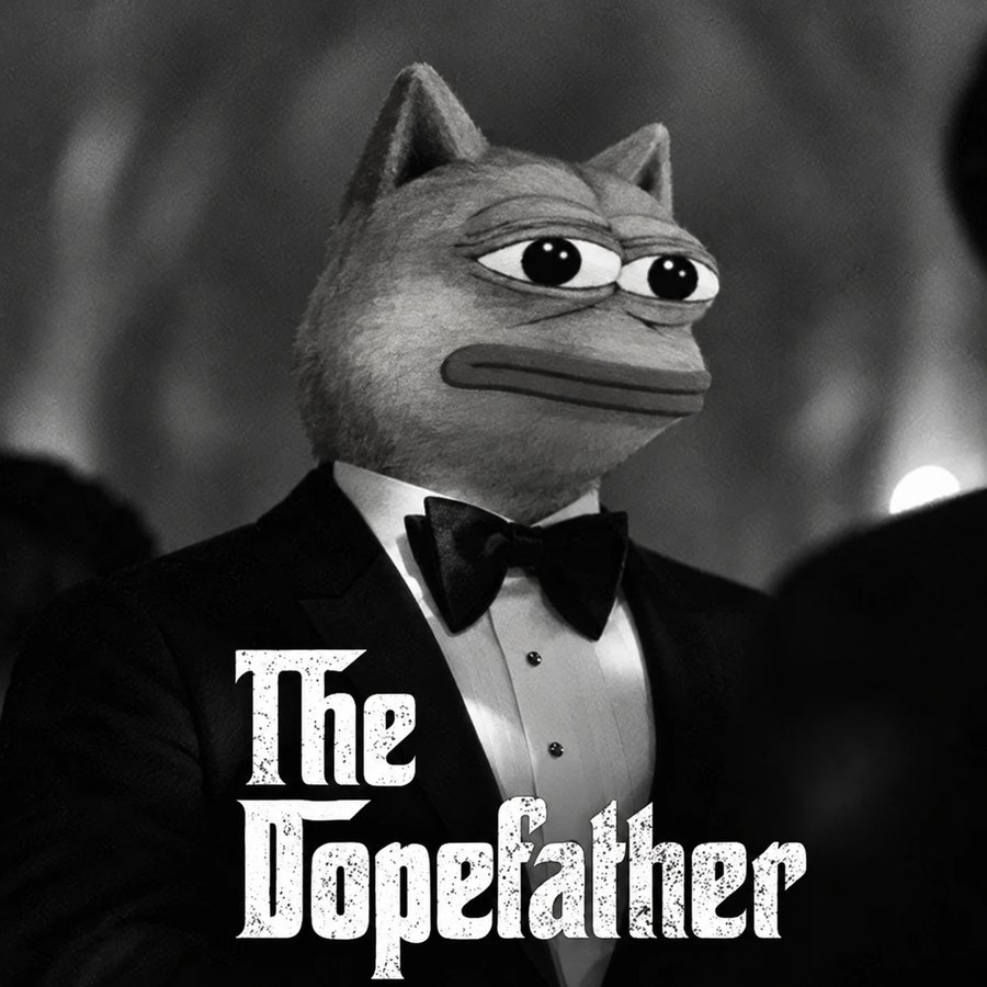The DopeFather: a doge with a frog face in a black tuxedo and bow tie, black and white